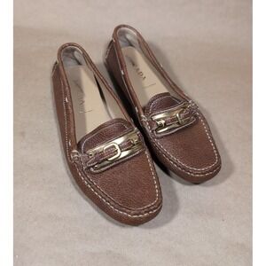Prada Womens 35.5 Loafers Brown Pebble Leather Gold Buckle Accents Driving Shoes